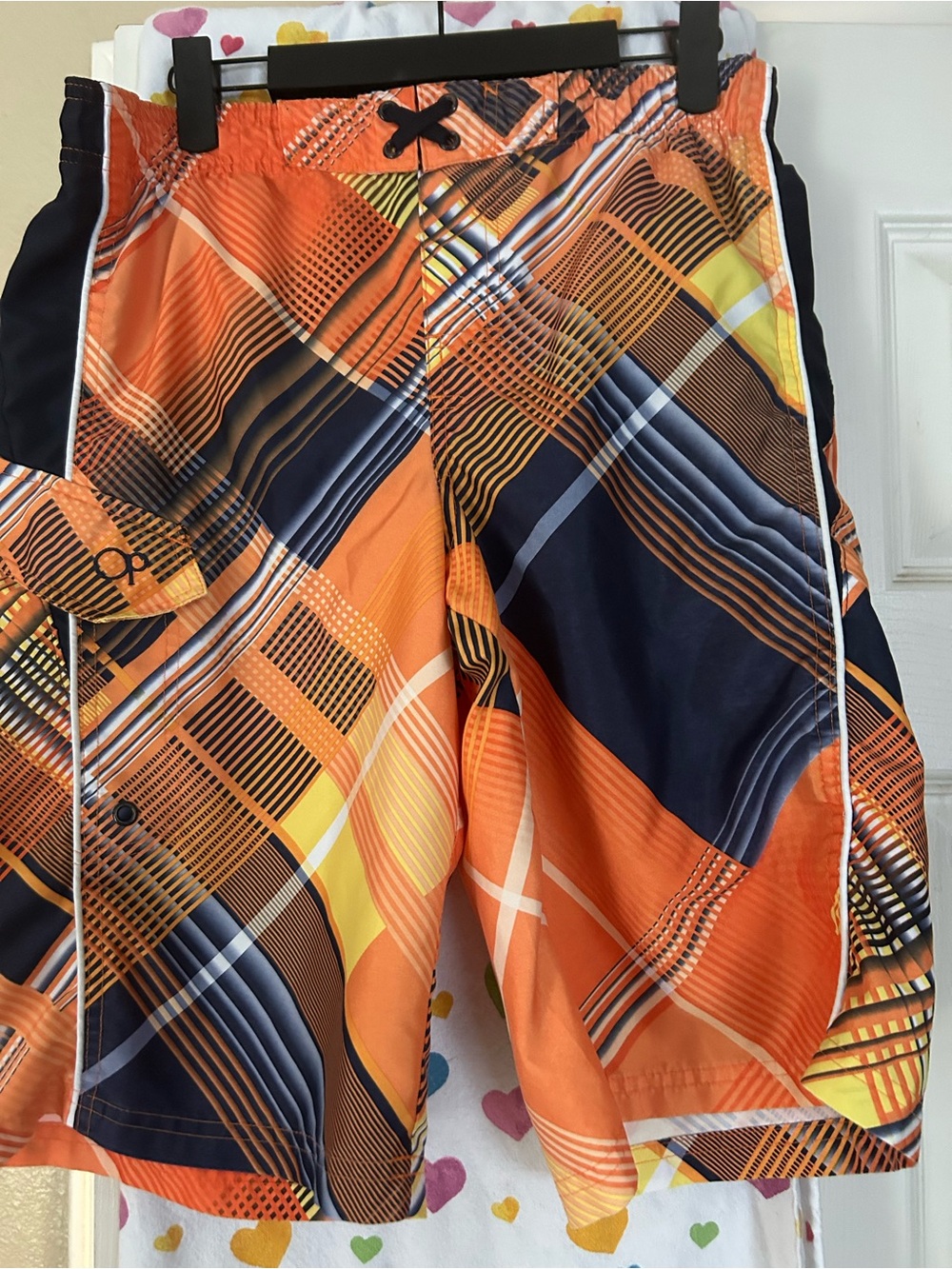 OP Kids Orange and Navy Plaid Swim Board Shorts